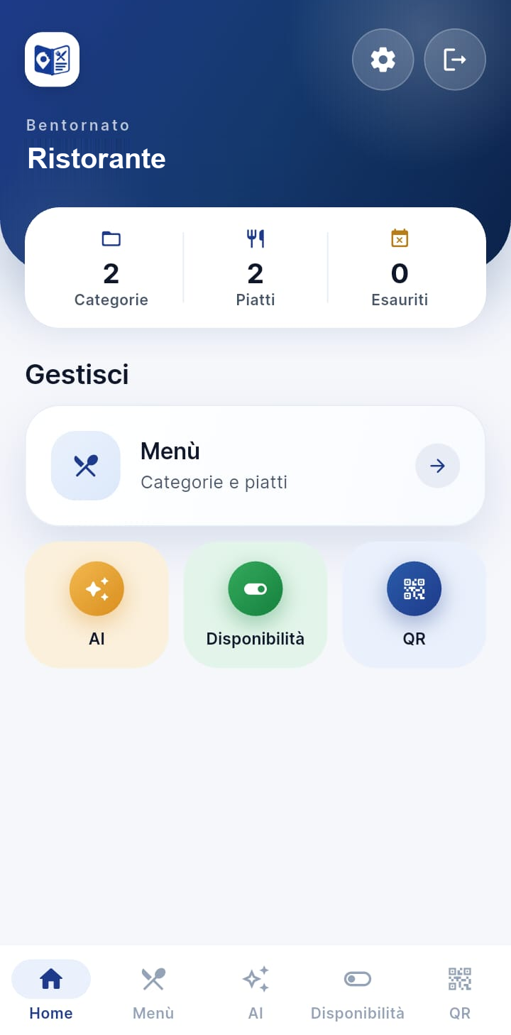 Interfaccia dell'app Menu Pro su smartphone